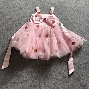Infant Baby Girl Strawberry Tulle Tutu Dress Pink Satin Bow Birthday Pageant
